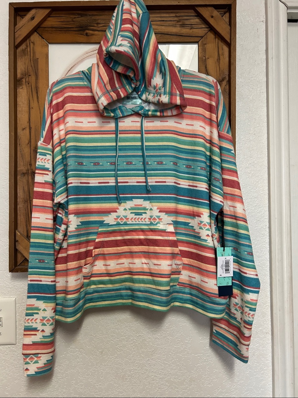 Range x Rock & Roll Women's XL Turquoise Serape Aztec Hoodie Sweatshirt